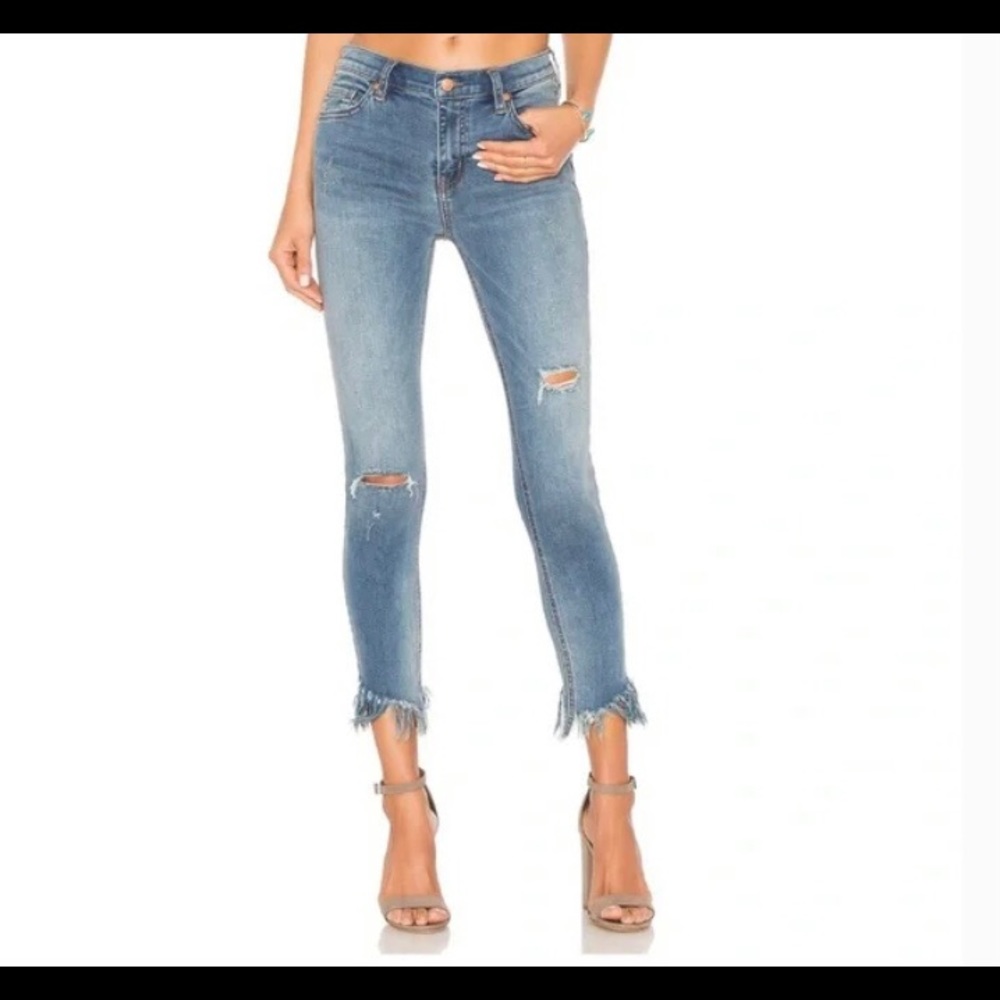 Free People fringe ankle ripped knee blue denim